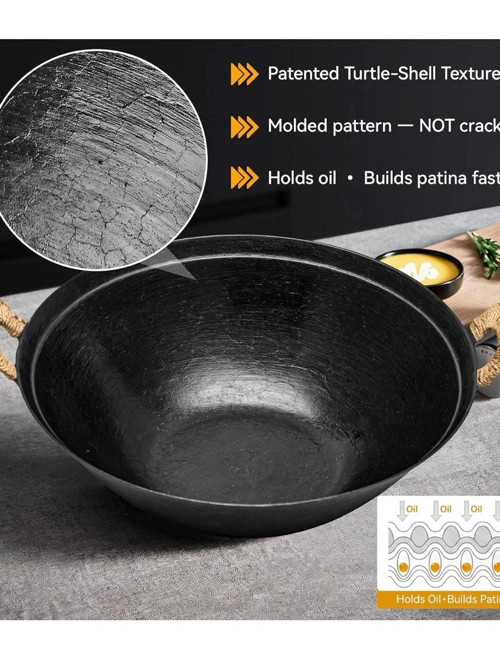 Black Carbon Steel Wok with Bamboo Lid and Cleaning Brush